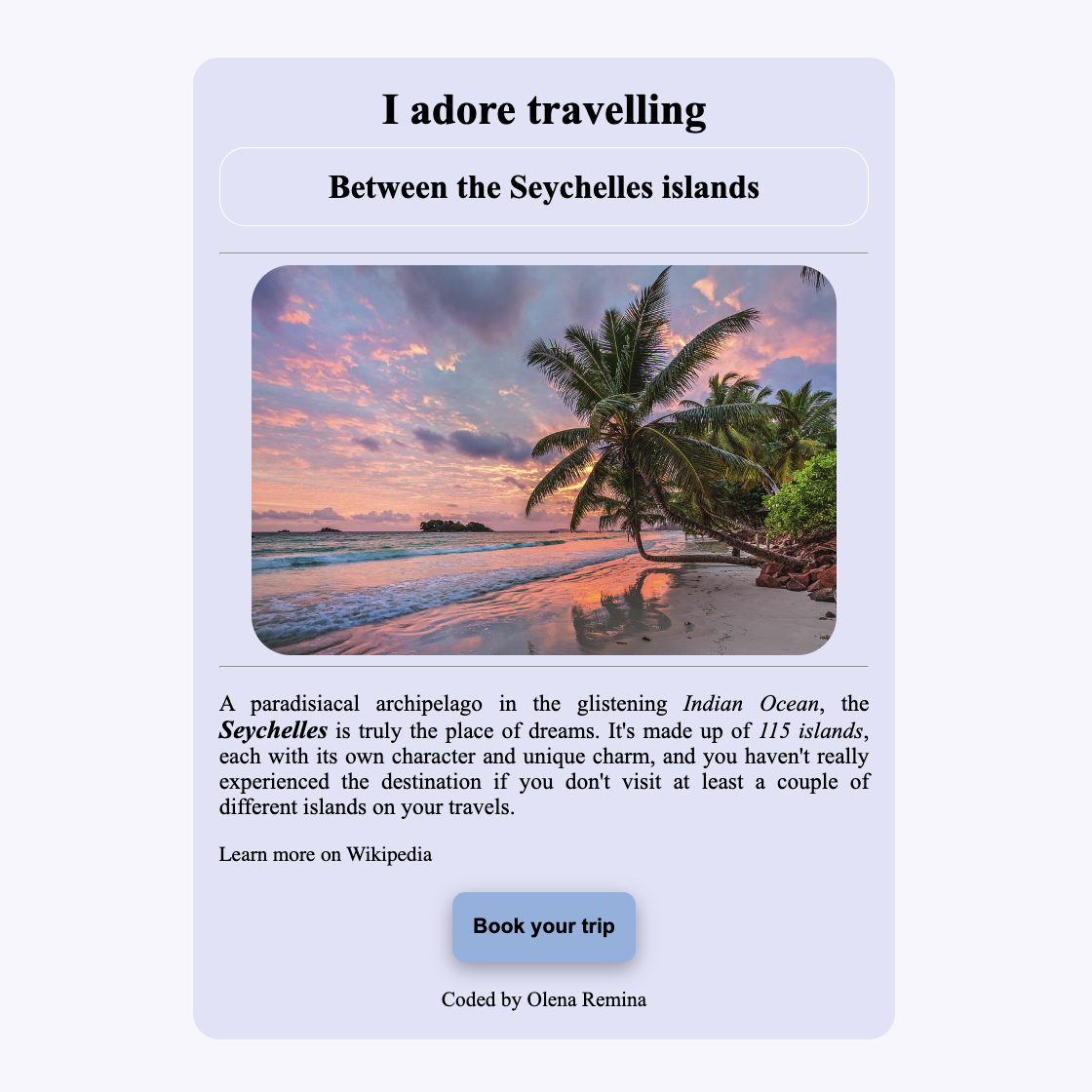 Project picture about travelling between the Seyshelles island built by Olena Remina