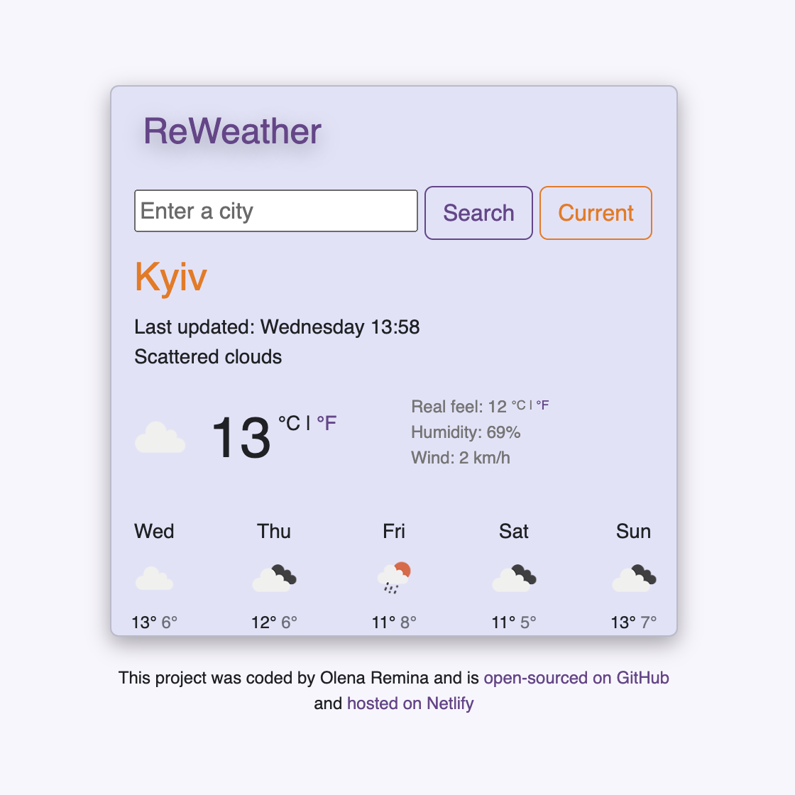 Project picture about weather forecast built by Olena Remina
